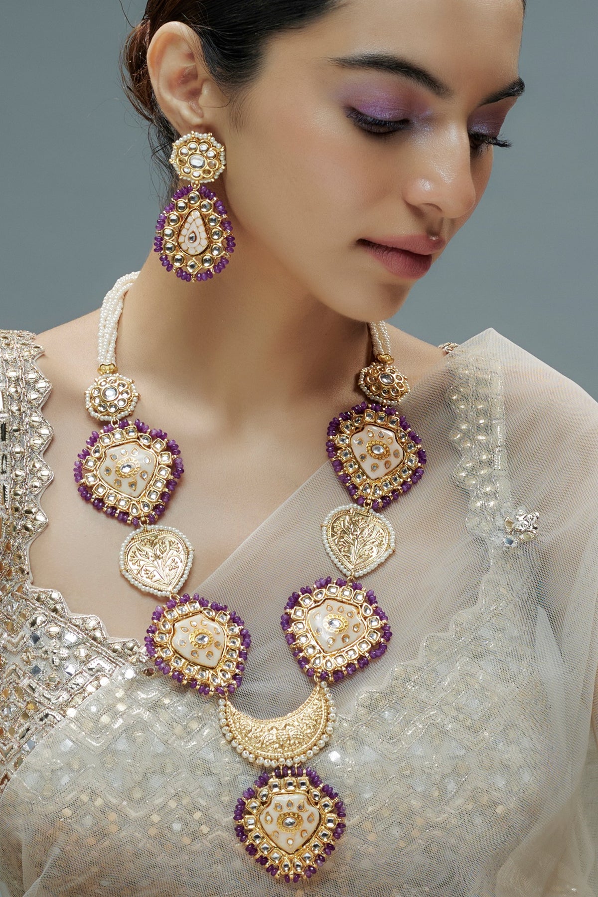 Gold Finish Kundan Polki & Semi-Precious Stone Necklace Set