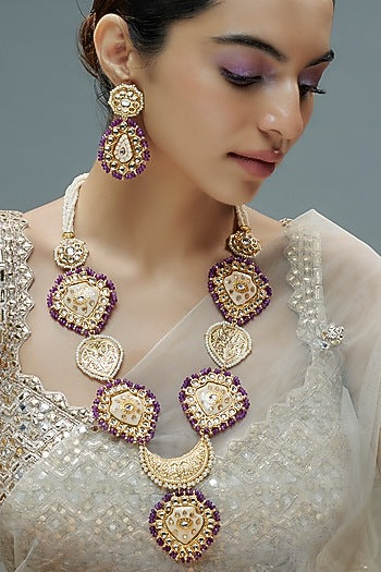 Gold Finish Kundan Polki & Semi-Precious Stone Necklace Set