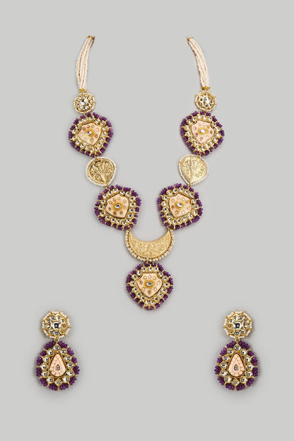 Gold Finish Kundan Polki & Semi-Precious Stone Necklace Set
