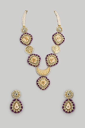 Gold Finish Kundan Polki & Semi-Precious Stone Necklace Set