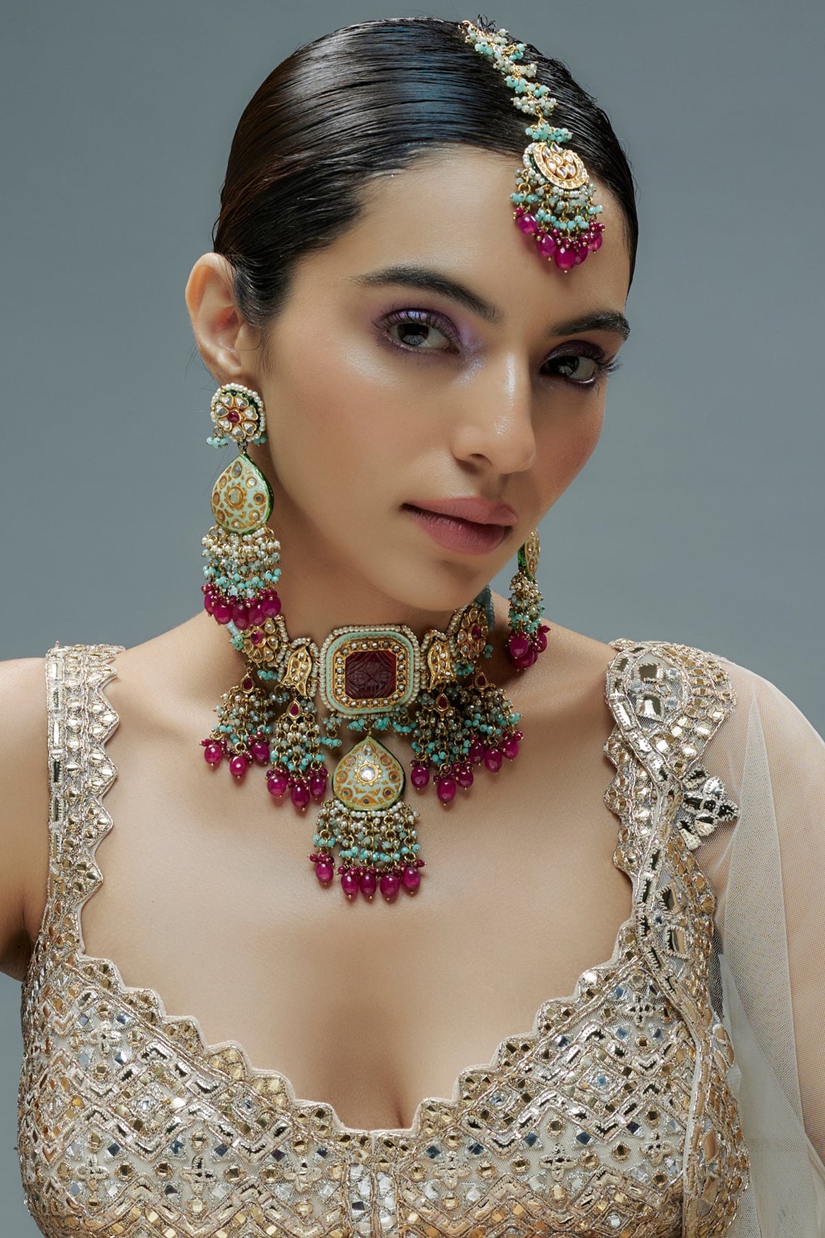 Gold Finish Kundan Polki & Ruby Semi-Precious Stone Choker Necklace Set
