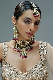 Gold Finish Kundan Polki & Ruby Semi-Precious Stone Choker Necklace Set