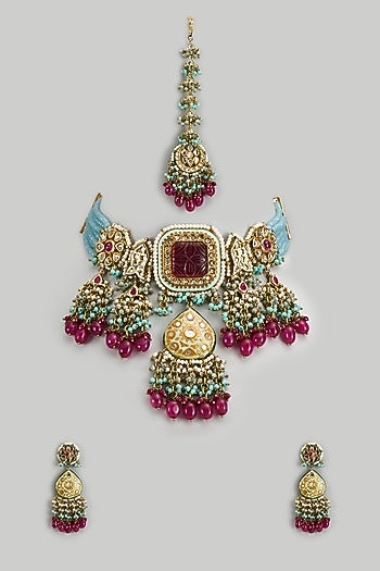 Gold Finish Kundan Polki & Ruby Semi-Precious Stone Choker Necklace Set