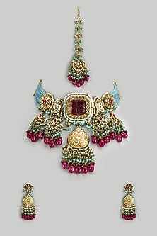 Gold Finish Kundan Polki & Ruby Semi-Precious Stone Choker Necklace Set