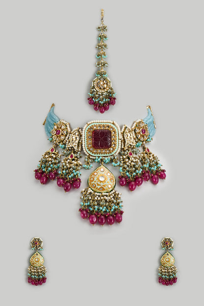 Gold Finish Kundan Polki & Ruby Semi-Precious Stone Choker Necklace Set