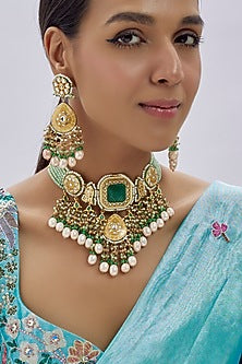 Gold Finish Kundan Polki & Green Semi-Precious Stone Necklace Set