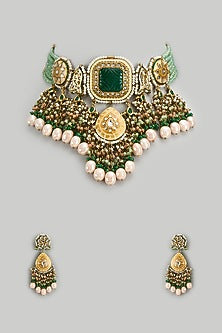 Gold Finish Kundan Polki & Green Semi-Precious Stone Necklace Set