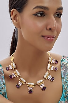 Gold Finish White Swarovski Stone Necklace