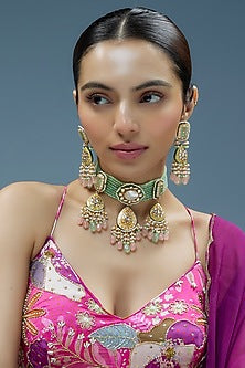 Gold Finish Kundan Polki & Green Semi-Precious Stone Choker Necklace Set