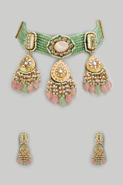 Gold Finish Kundan Polki & Green Semi-Precious Stone Choker Necklace Set