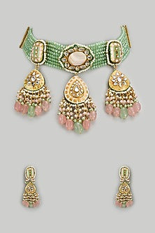 Gold Finish Kundan Polki & Green Semi-Precious Stone Choker Necklace Set