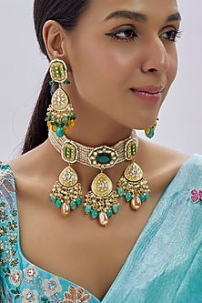 Gold Finish Kundan Polki & Semi-Precious Stone Choker Necklace Set