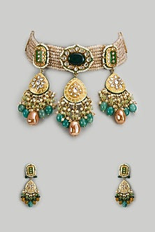 Gold Finish Kundan Polki & Semi-Precious Stone Choker Necklace Set