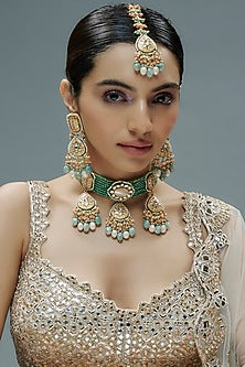 Gold Finish Kundan Polki & Semi-Precious Stone Choker Necklace Set