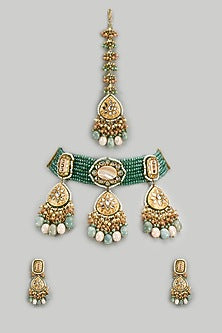 Gold Finish Kundan Polki & Semi-Precious Stone Choker Necklace Set