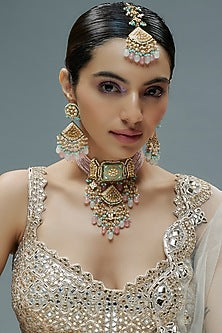 Gold Finish Kundan Polki & Pink Semi-Precious Stone Choker Necklace Set