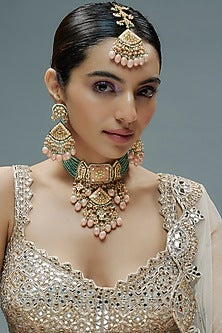 Gold Finish Kundan Polki & Semi-Precious Stone Choker Necklace Set