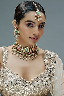 Gold Finish Kundan Polki & Semi-Precious Stone Choker Necklace Set