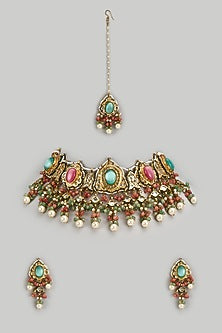Gold Finish Kundan Polki & Semi-Precious Stone Choker Necklace Set