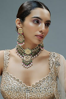 Gold Finish Kundan Polki & Semi-Precious Stone Choker Necklace Set