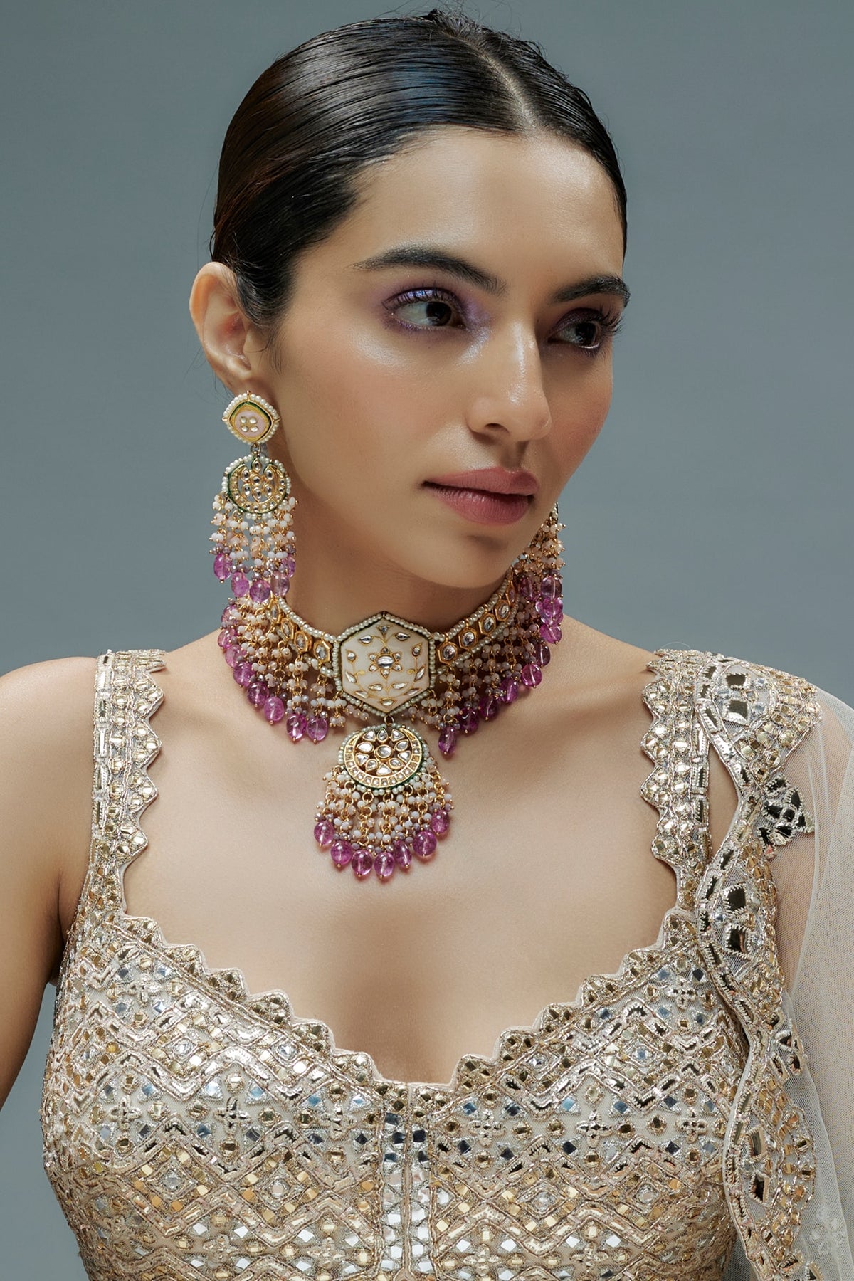 Gold Finish Kundan Polki & Semi-Precious Stone Choker Necklace Set