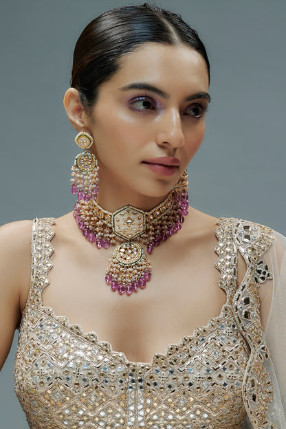 Gold Finish Kundan Polki & Semi-Precious Stone Choker Necklace Set