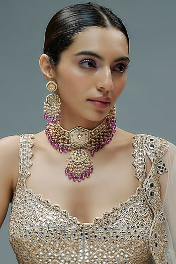 Gold Finish Kundan Polki & Semi-Precious Stone Choker Necklace Set
