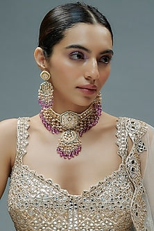 Gold Finish Kundan Polki & Semi-Precious Stone Choker Necklace Set