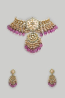 Gold Finish Kundan Polki & Semi-Precious Stone Choker Necklace Set