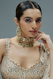 Gold Finish Kundan Polki & Semi-Precious Stone Choker Necklace Set