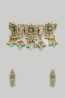 Gold Finish Kundan Polki & Semi-Precious Stone Choker Necklace Set