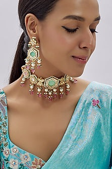 Gold Finish Kundan Polki & Semi-Precious Stone Choker Necklace Set