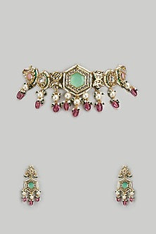 Gold Finish Kundan Polki & Semi-Precious Stone Choker Necklace Set