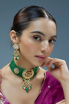 Gold Finish Kundan Polki & Semi-Precious Stone Choker Necklace Set