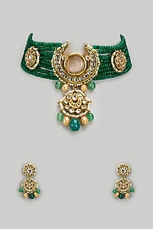 Gold Finish Kundan Polki & Semi-Precious Stone Choker Necklace Set