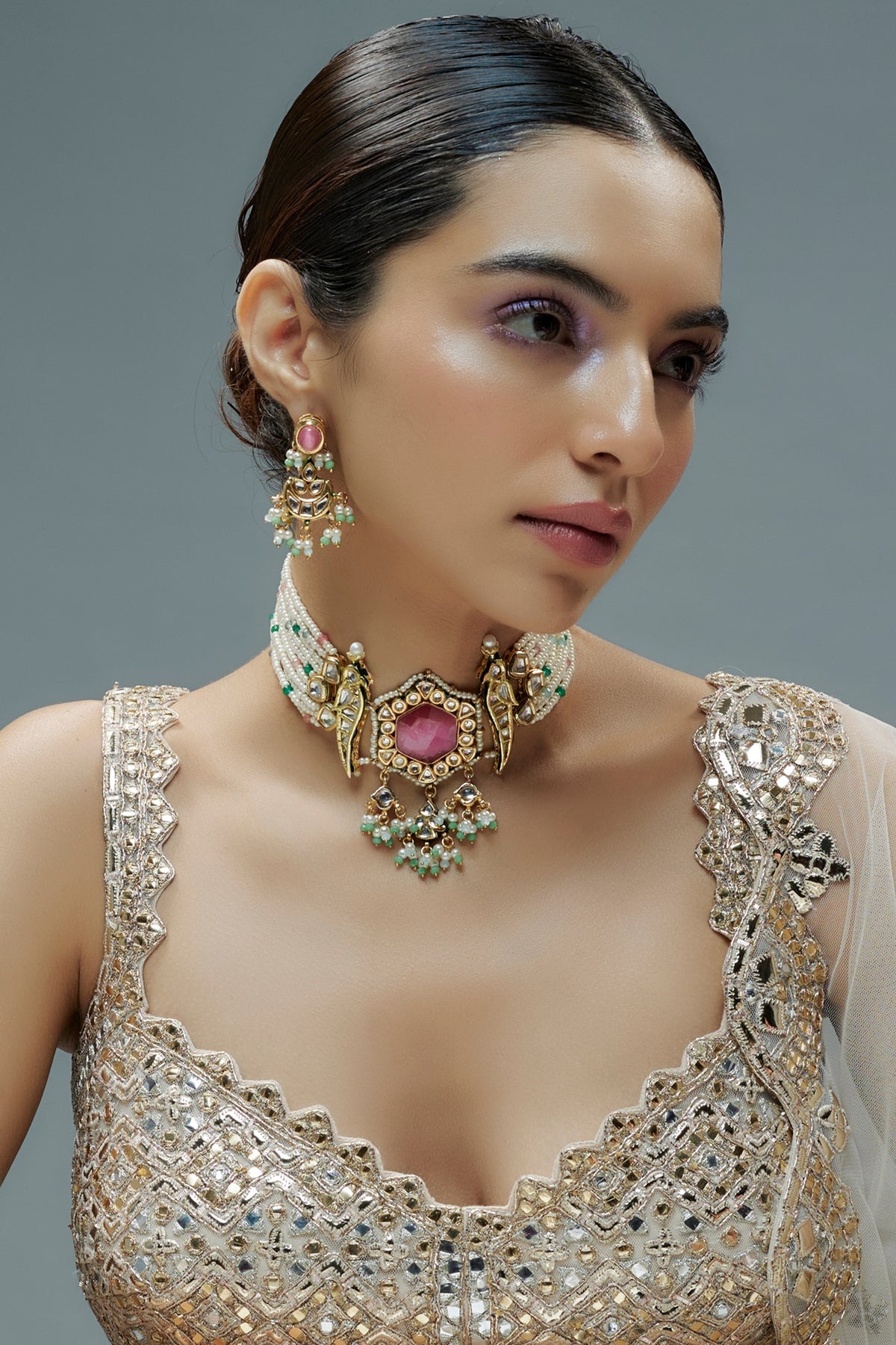 Gold Finish Kundan Polki & Green Semi-Precious Stone Choker Necklace Set