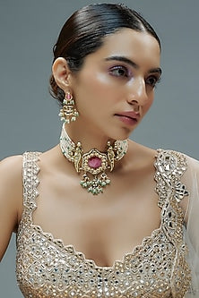Gold Finish Kundan Polki & Green Semi-Precious Stone Choker Necklace Set