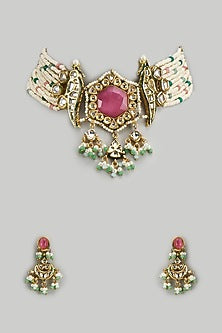 Gold Finish Kundan Polki & Green Semi-Precious Stone Choker Necklace Set