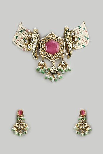 Gold Finish Kundan Polki & Green Semi-Precious Stone Choker Necklace Set