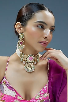 Gold Finish Kundan Polki & Pink Semi-Precious Stone Choker Necklace Set