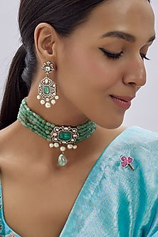 Gold Finish Kundan Polki & Green Semi-Precious Stone Choker Necklace Set