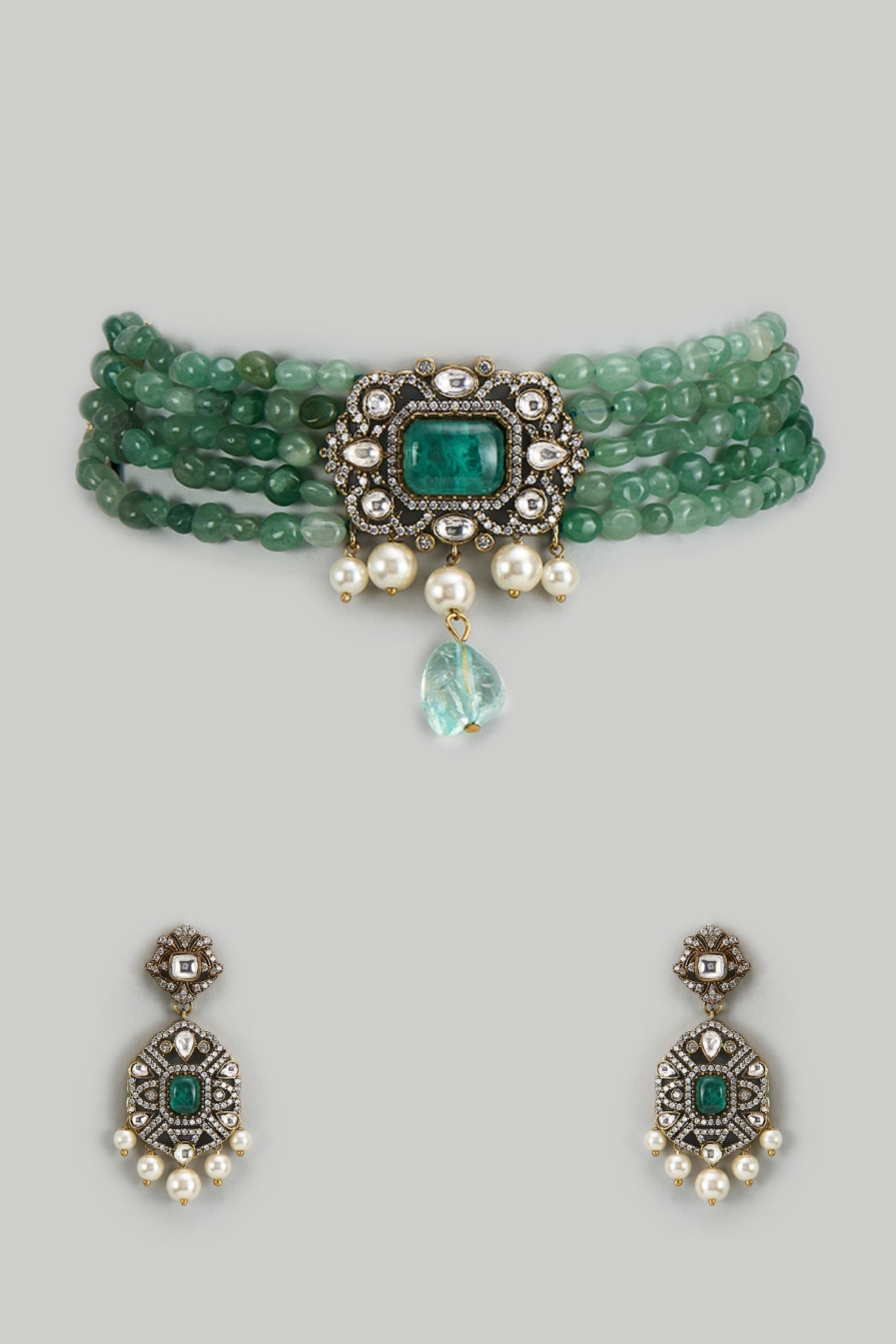 Gold Finish Kundan Polki & Green Semi-Precious Stone Choker Necklace Set
