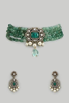 Gold Finish Kundan Polki & Green Semi-Precious Stone Choker Necklace Set
