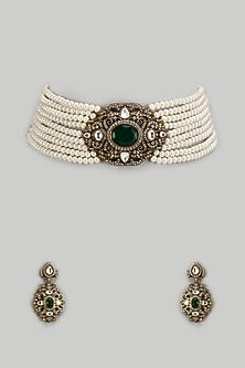 Gold Finish Kundan Polki & Semi-Precious Stone Choker Necklace Set