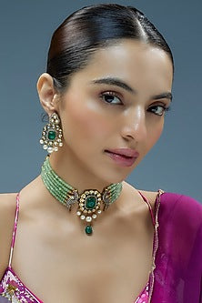 Gold Finish Kundan Polki & Semi-Precious Stone Choker Necklace Set