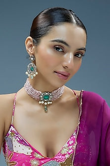 Gold Finish Kundan Polki & Semi-Precious Stone Choker Necklace Set