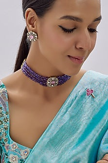 Gold Finish Kundan Polki & Semi-Precious Stone Choker Necklace Set