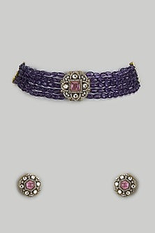 Gold Finish Kundan Polki & Semi-Precious Stone Choker Necklace Set