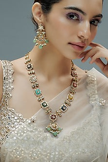 Gold Finish Kundan Polki & Semi-Precious Stone Long Necklace Set