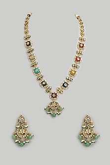 Gold Finish Kundan Polki & Semi-Precious Stone Long Necklace Set